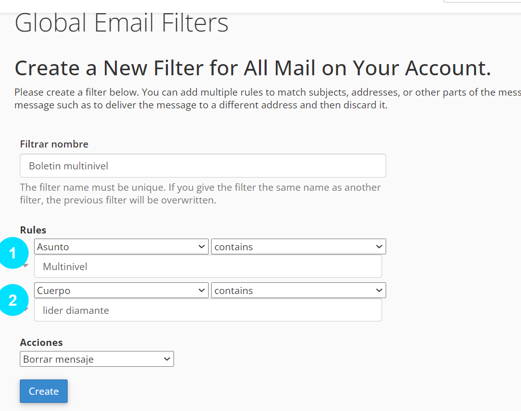email filtros cpanel 10