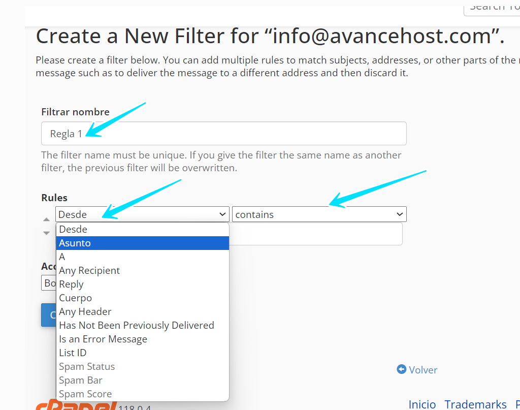 email filtros cpanel 4
